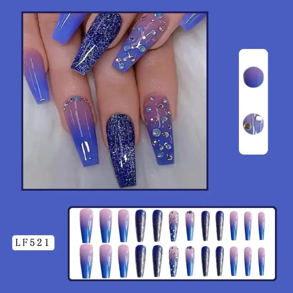 NWT Press On Nails Medium Coffin Fake Nails Gradient Blue Glue On Nails